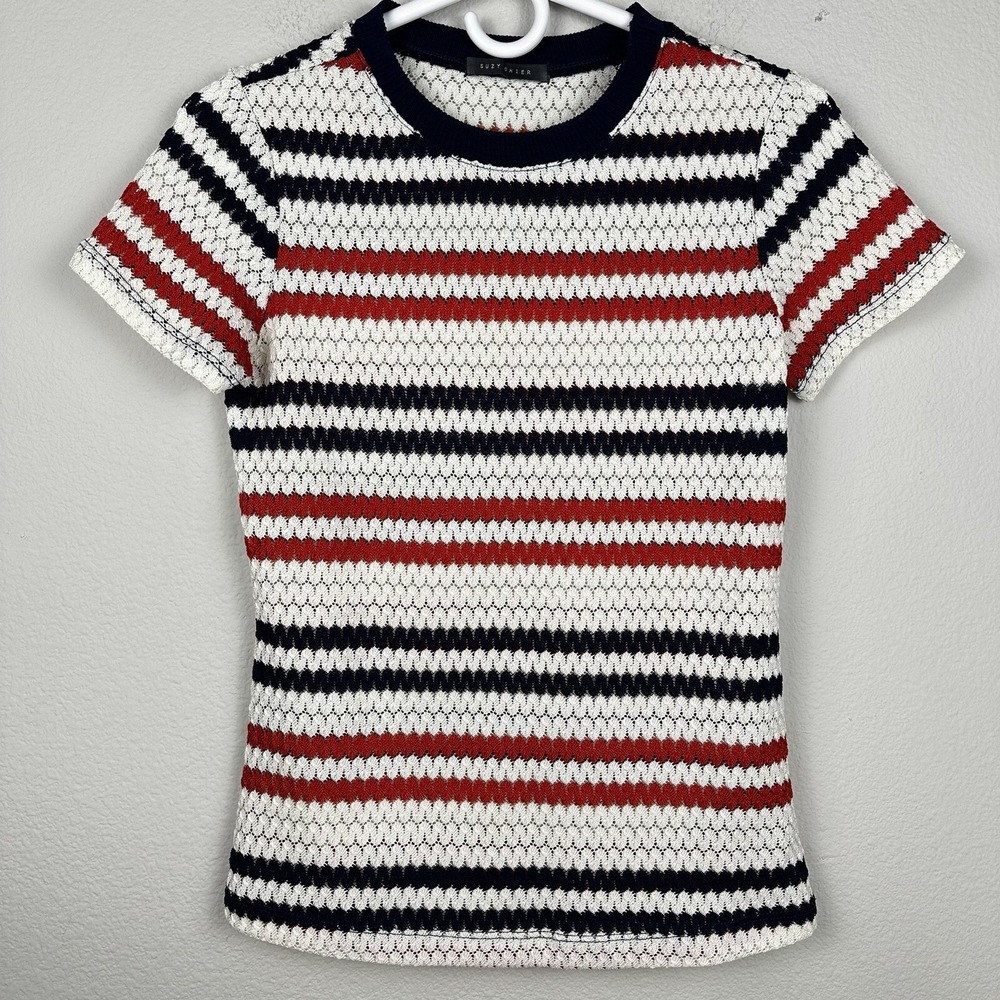 Suzy Shier Striped Knit Top Womens XS Red Navy White Short Sleeve Textured‎ Crew